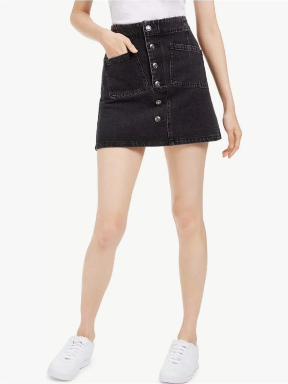 OAT New York Black Denim Button -Front Mini Skirt